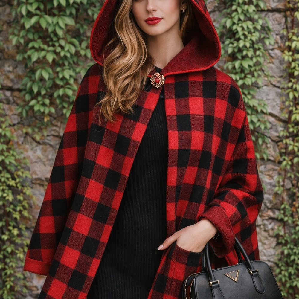 FIELD FLOWER Red and Black Buffalo Plaid Hooded Cardigan/Jacket, M